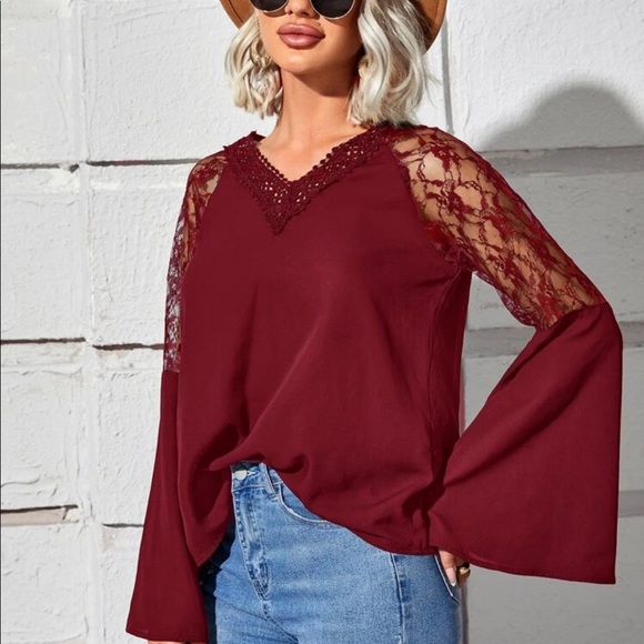 Boho white  lace insert V neck blouse - Picture 16 of 16